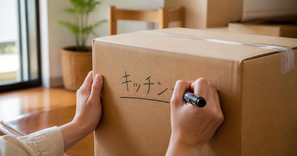 段ボールに中身を書いている手元