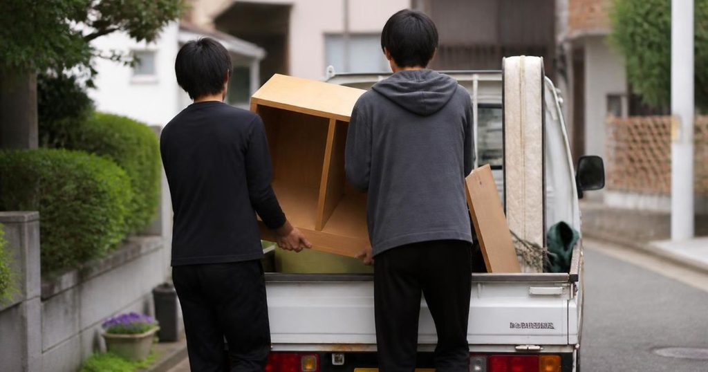 2人で家具を軽トラに積み込む様子