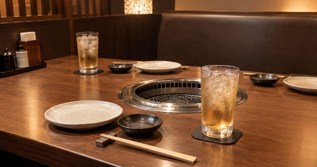 焼肉店のテーブルに並んだ肉の皿