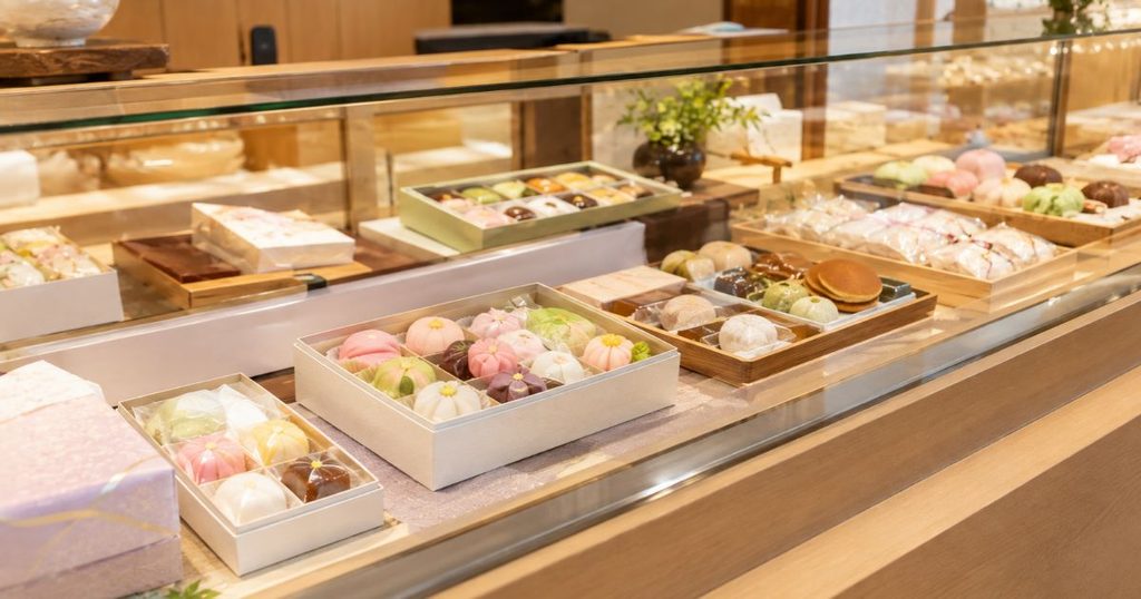和菓子店のショーケースに並ぶ和菓子